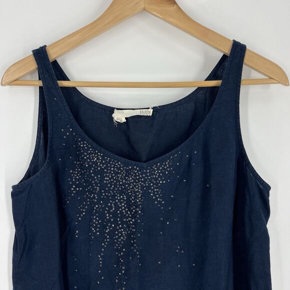 Eileen Fisher Tank Top Size Medium Petite Navy Irish Linen Beaded Sleeveless - Picture 2 of 8
